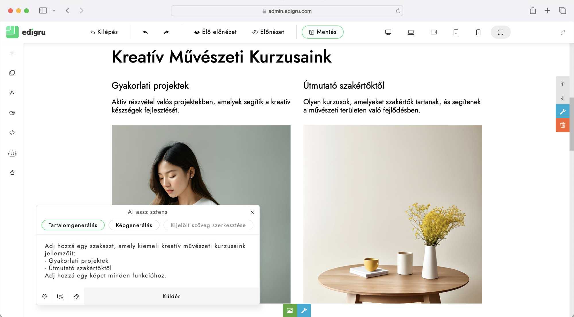 AI tartalomkészítő és AI szövegszerkesztő - edigru weboldalkészítő rendszer