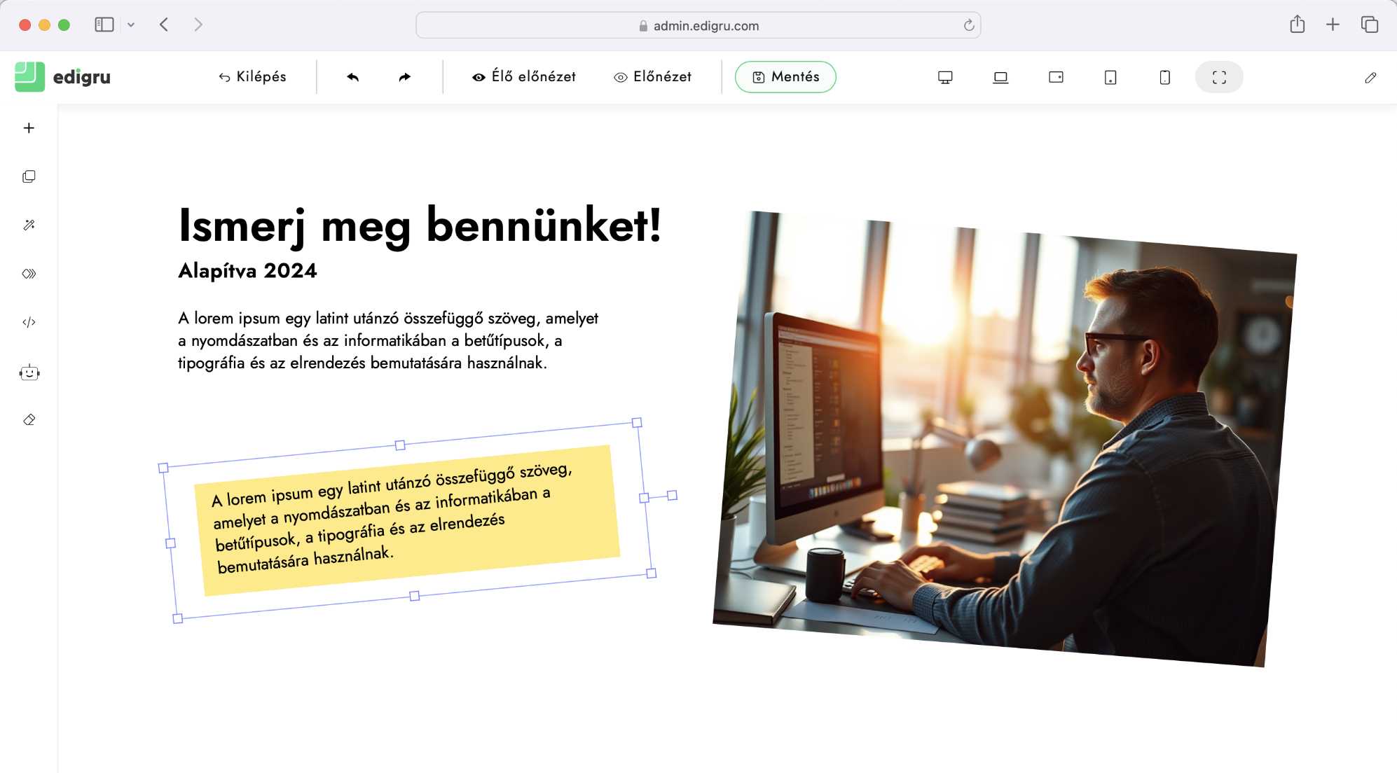 Szabad elrendezés - Rács rendszer és vászon mód - edigru weboldalkészítő rendszer