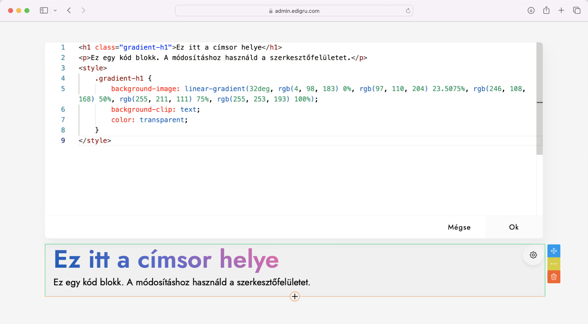 Kódszerkesztő - Egyéni HTML, CSS, JavaScript kódok - edigru weboldalkészítő rendszer