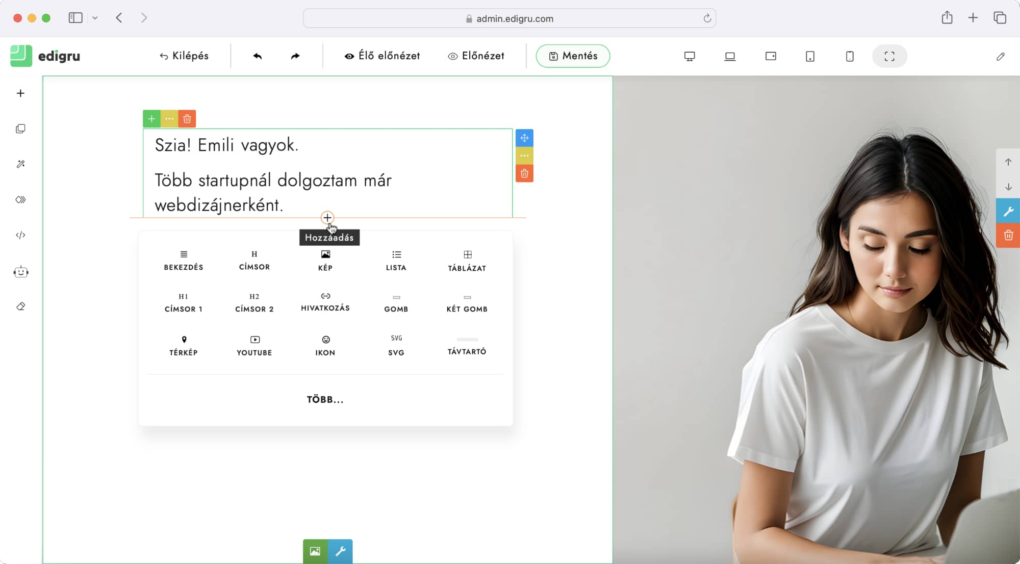 Új tartalom létrehozása egy kattintással - edigru weboldalkészítő rendszer