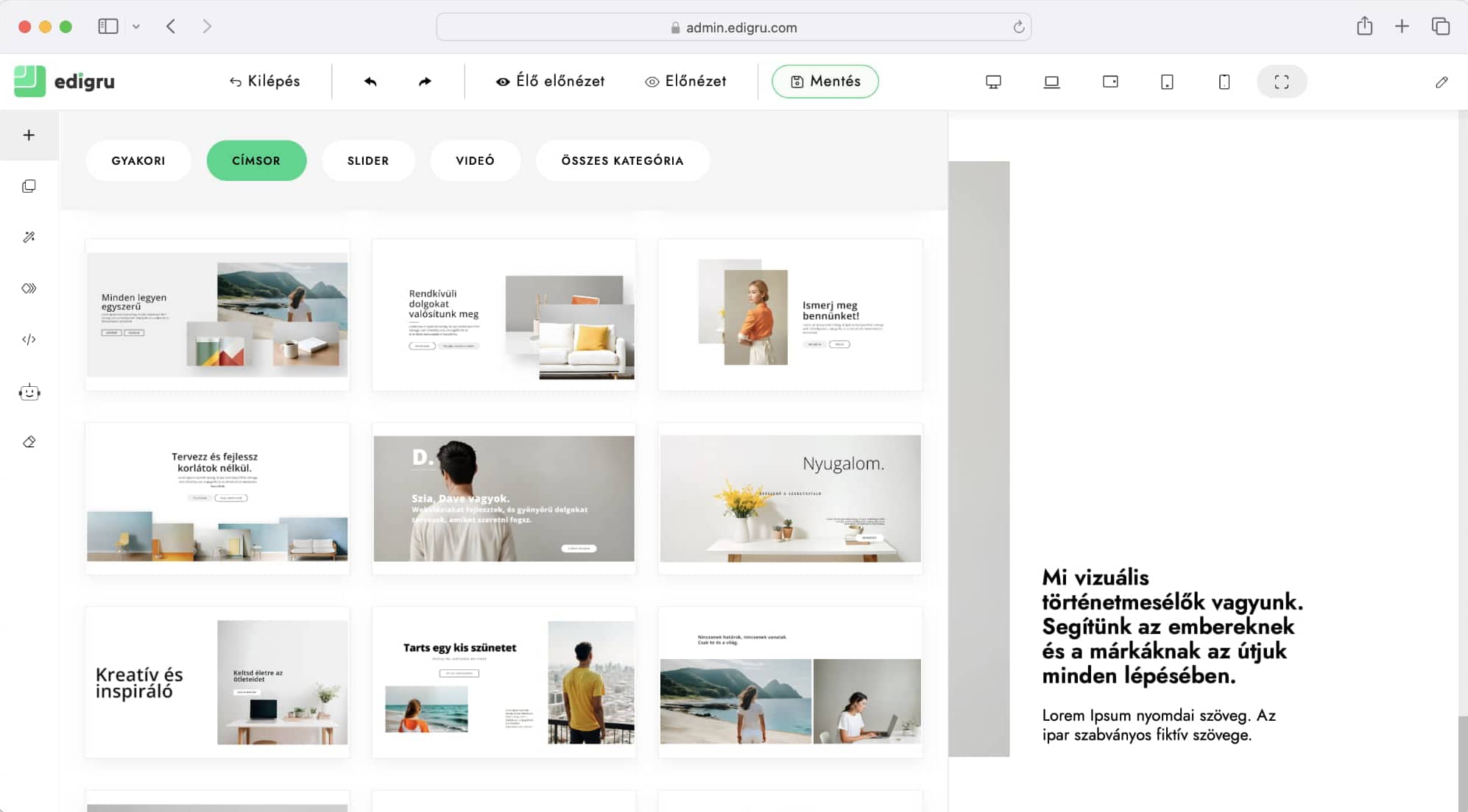 Előre elkészített szakaszok, blokkok, elemek - edigru weboldalkészítő rendszer